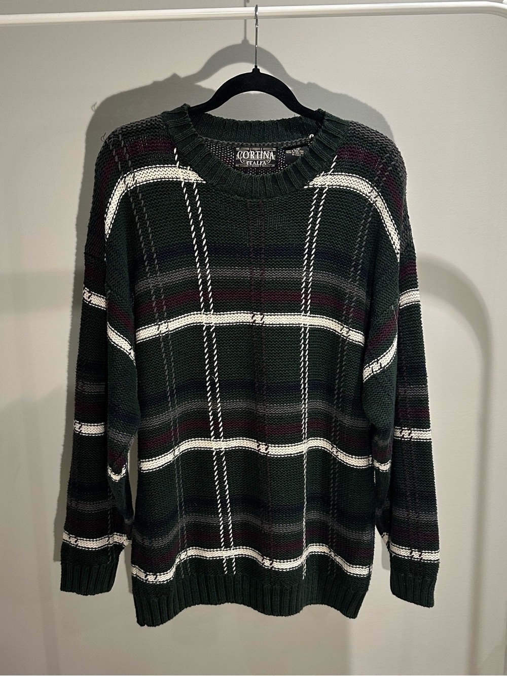 Men's Dark Green Plaid Crewneck Sweater